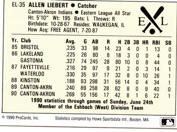 1990 ProCards Eastern League All-Stars #EL35 Al Liebert Back