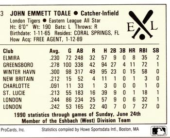 1990 ProCards Eastern League All-Stars #EL3 John Toale Back