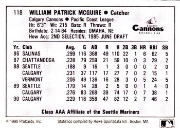 1990 ProCards AAA #118 Bill McGuire Back