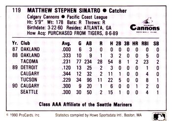 1990 ProCards AAA #119 Matt Sinatro Back