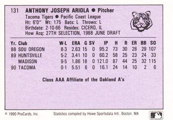 1990 ProCards AAA #131 Tony Ariola Back