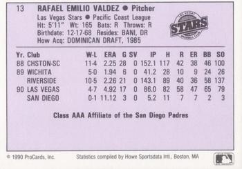 1990 ProCards AAA #13 Rafael Valdez Back
