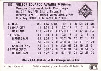 1990 ProCards AAA #159 Wilson Alvarez Back