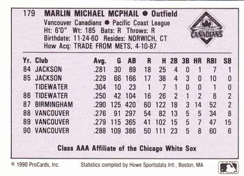 1990 ProCards AAA #179 Marlin McPhail Back