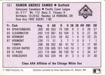 1990 ProCards AAA #181 Ramon Sambo Back