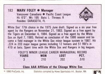 1990 ProCards AAA #183 Marv Foley Back