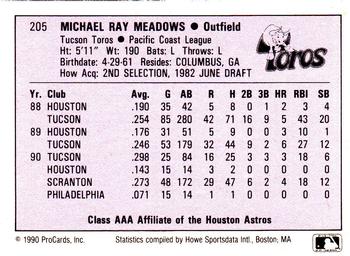 1990 ProCards AAA #205 Louie Meadows Back