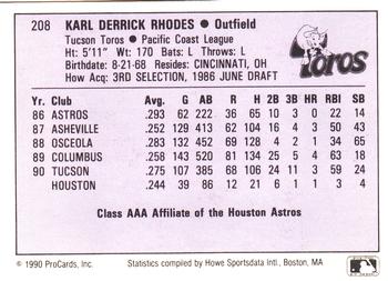1990 ProCards AAA #208 Karl Rhodes Back