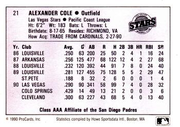 1990 ProCards AAA #21 Alex Cole Back