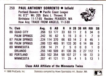 1990 ProCards AAA #259 Paul Sorrento Back