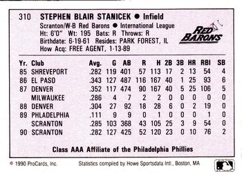 1990 ProCards AAA #310 Steve Stanicek Back