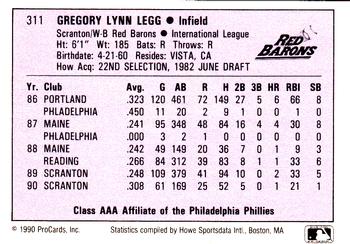 1990 ProCards AAA #311 Greg Legg Back