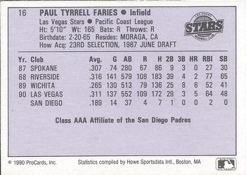 1990 ProCards AAA #16 Paul Faries Back