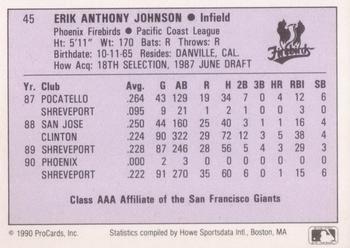 1990 ProCards AAA #45 Erik Johnson Back