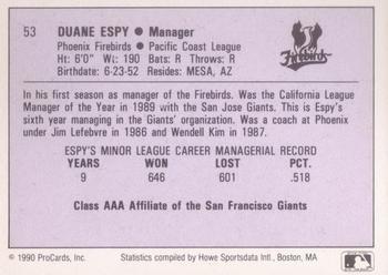 1990 ProCards AAA #53 Duane Espy Back