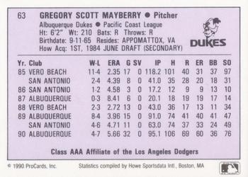 1990 ProCards AAA #63 Greg Mayberry Back