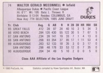 1990 ProCards AAA #74 Walt McConnell Back