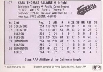 1990 ProCards AAA #97 Karl Allaire Back