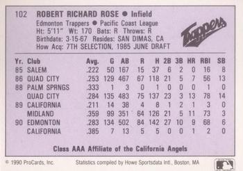 1990 ProCards AAA #102 Bobby Rose Back