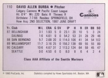 1990 ProCards AAA #110 Dave Burba Back