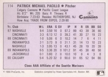 1990 ProCards AAA #114 Pat Pacillo Back
