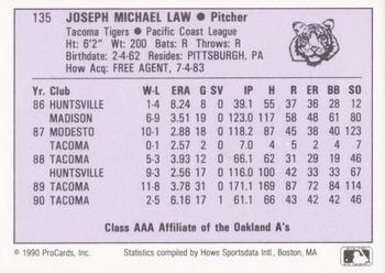 1990 ProCards AAA #135 Joe Law Back