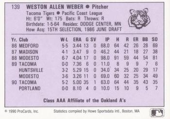 1990 ProCards AAA #139 Weston Weber Back