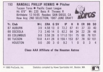 1990 ProCards AAA #190 Randy Hennis Back