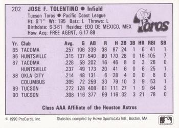 1990 ProCards AAA #202 Jose Tolentino Back