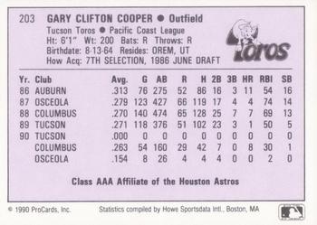 1990 ProCards AAA #203 Gary Cooper Back
