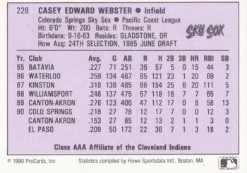 1990 ProCards AAA #228 Casey Webster Back
