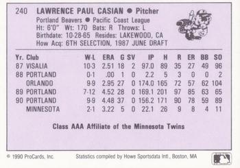 1990 ProCards AAA #240 Larry Casian Back