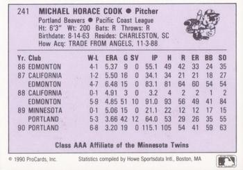 1990 ProCards AAA #241 Mike Cook Back