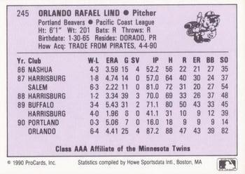 1990 ProCards AAA #245 Orlando Lind Back