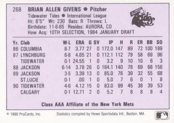 1990 ProCards AAA #268 Brian Givens Back
