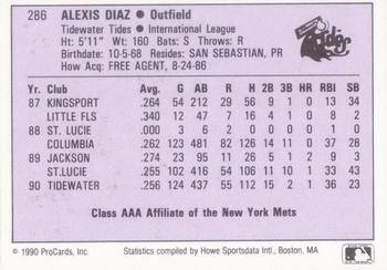 1990 ProCards AAA #286 Alex Diaz Back