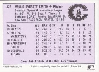 1990 ProCards AAA #326 Willie Smith Back
