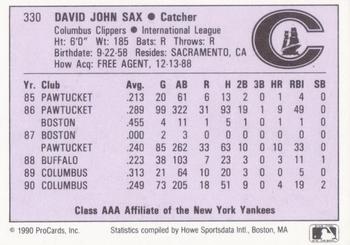 1990 ProCards AAA #330 Dave Sax Back