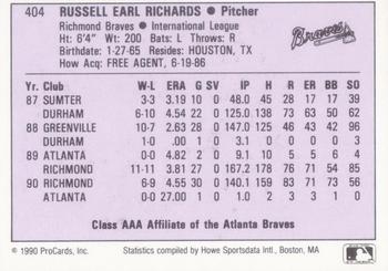 1990 ProCards AAA #404 Rusty Richards Back