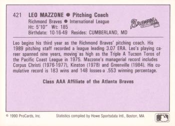 1990 ProCards AAA #421 Leo Mazzone Back