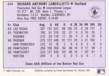 1990 ProCards AAA #444 Rick Lancellotti Back