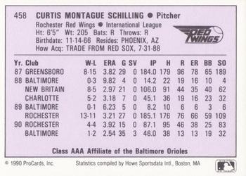 1990 ProCards AAA #458 Curt Schilling Back