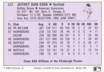 1990 ProCards AAA #502 Jeff Cook Back