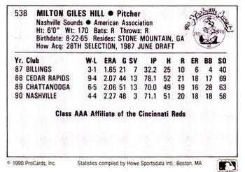 1990 ProCards AAA #538 Milton Hill Back