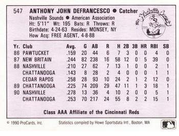 1990 ProCards AAA #547 Tony DeFrancesco Back