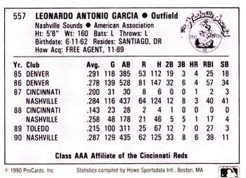 1990 ProCards AAA #557 Leo Garcia Back