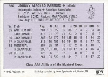 1990 ProCards AAA #586 Johnny Paredes Back