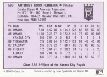 1990 ProCards AAA #596 Tony Ferreira Back