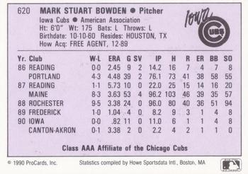 1990 ProCards AAA #620 Mark Bowden Back