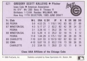 1990 ProCards AAA #621 Greg Kallevig Back